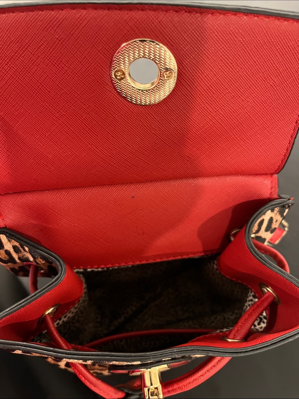 Leopard Print Drawstring Backpack with Red Trim - Picture 7 of 9